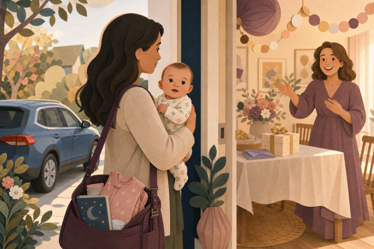 Caregiver holds an awake baby at a decorated shower doorway while a host welcomes them and a car waits outside.