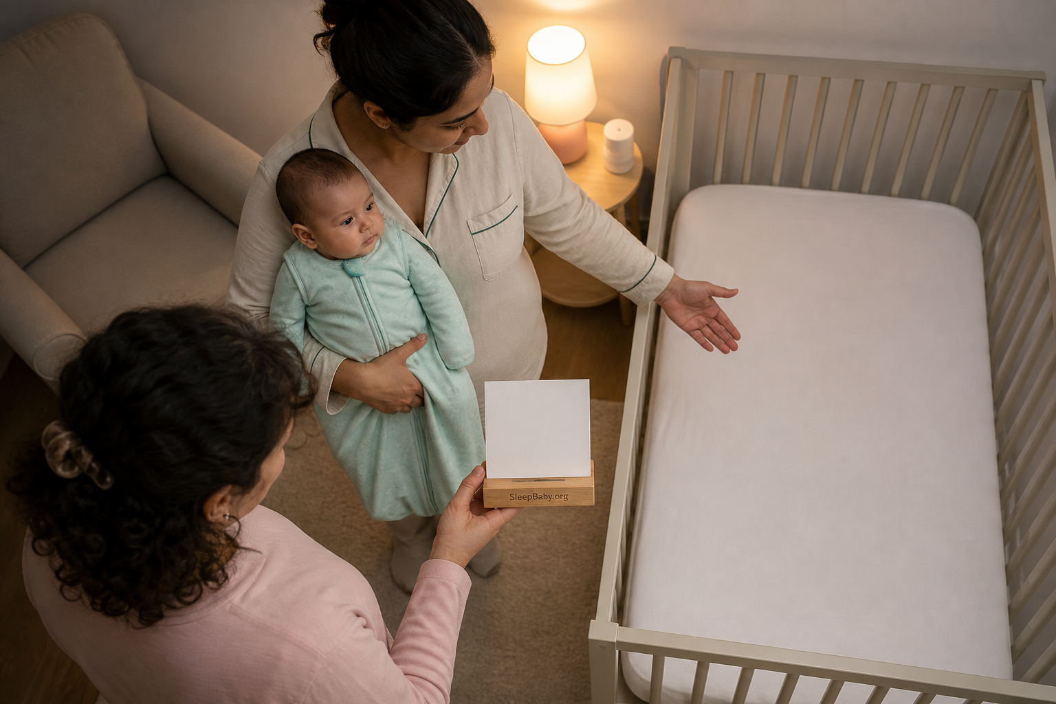 Two caregivers hold an awake baby beside a bare crib during a calm nighttime handoff