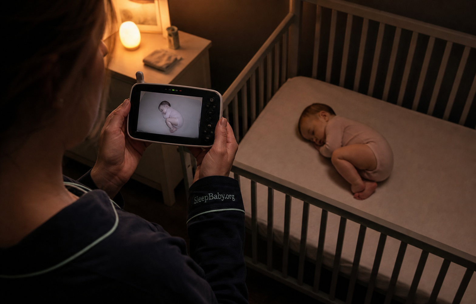 Caregiver checks a bare crib while a mobile baby rests in a knees-tucked position