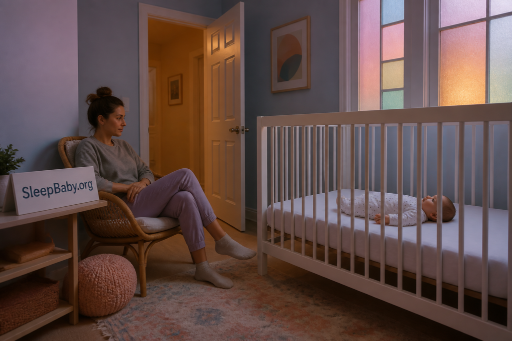 A caregiver sits between an open doorway and their awake baby's crib, choosing a nearby-chair approach.