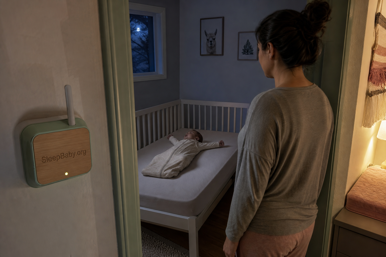 A caregiver pauses at the nursery doorway while a sleeping baby stretches in an empty crib.