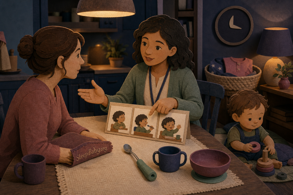 A caregiver and pediatric feeding clinician review a three-picture meal note beside an adaptive spoon, two-handled cup, nonslip bowl, and a calmly playing toddler.