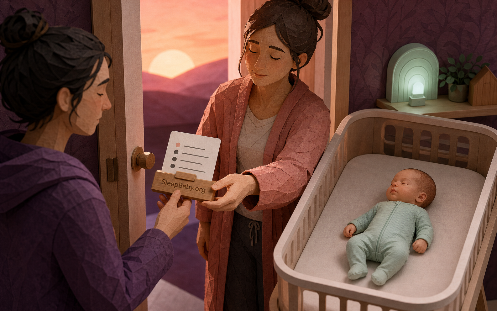 Two caregivers exchanging a five-line care note beside a premature baby sleeping safely at dawn