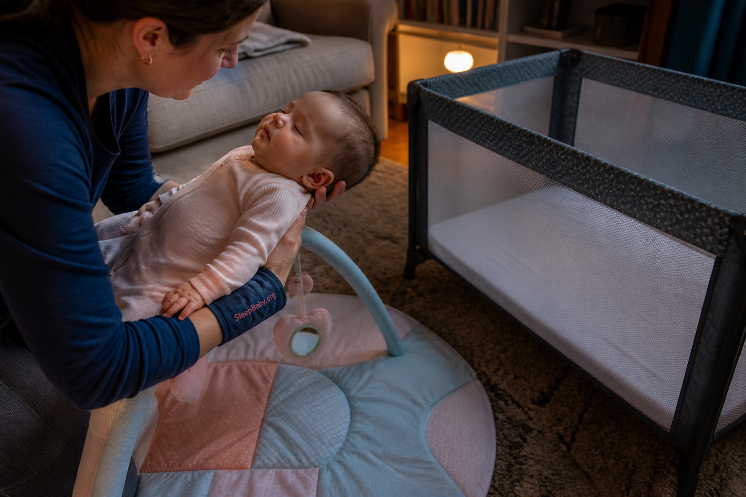 Caregiver supports a sleepy baby's head and torso while lifting from a playmat toward an empty play yard