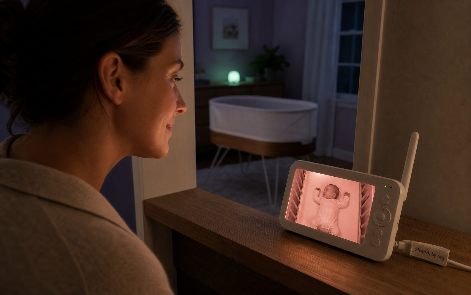 Caregiver watches a monitor showing a baby sleeping on their back with both hands raised while the bare bassinet sits in the nursery