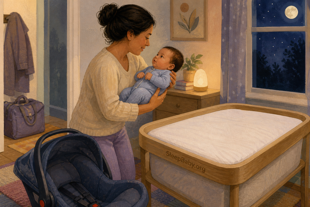A caregiver moves an awake baby from a travel seat toward an empty bassinet after returning home.