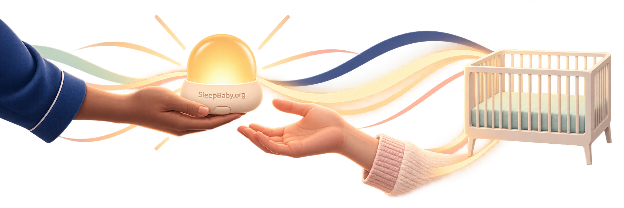 Transparent teaching rail showing a nightlight passed between caregivers beside a bare crib