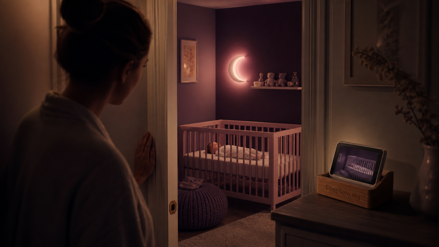 Caregiver pauses in a dark hallway as a safely sleeping baby settles in an empty crib beside a softly glowing nursery lamp