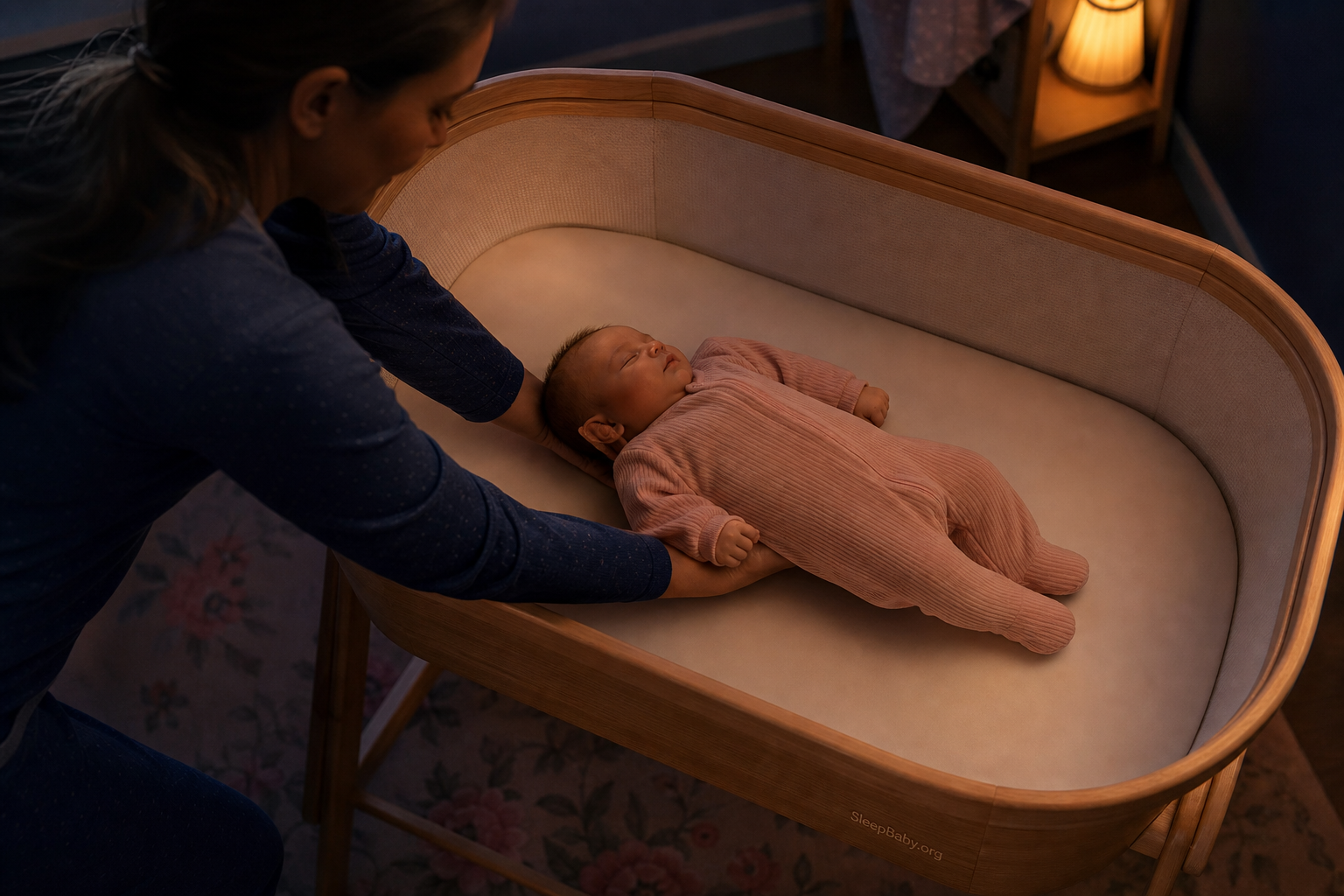 A caregiver supports a sleeping baby while placing them on their back in a firm empty bassinet