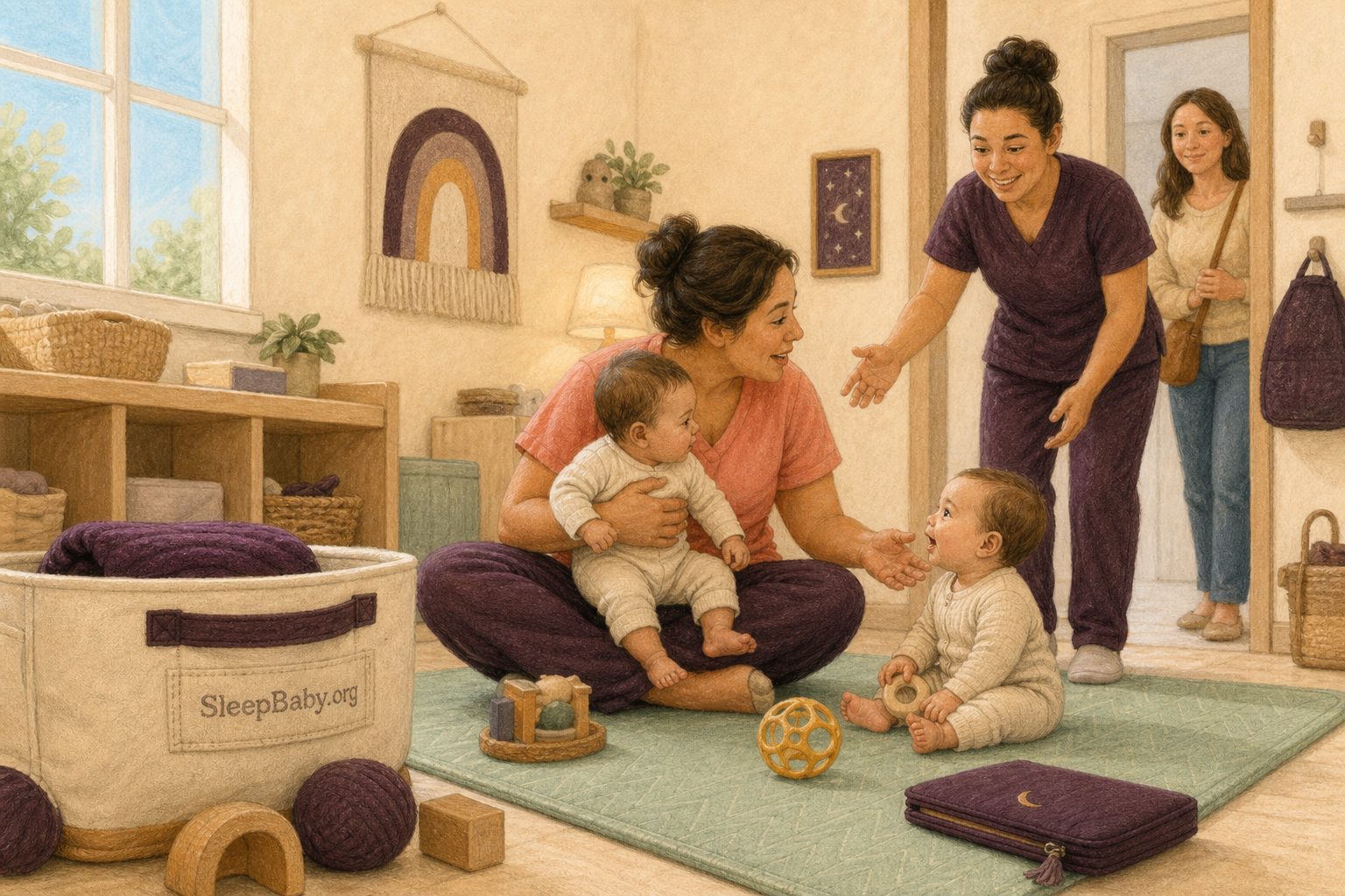 Editorial illustration shows a seated caregiver safely supporting one awake infant while acknowledging a second awake infant as another staff member enters to help.