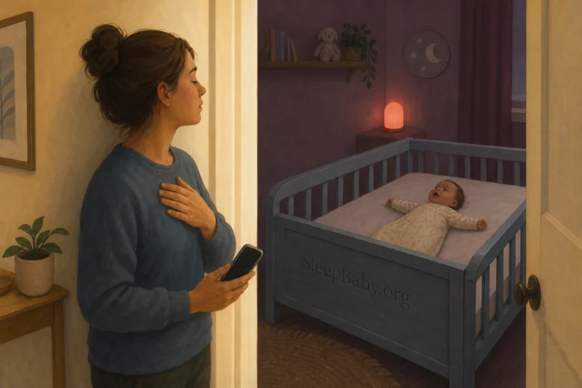 A caregiver takes a steady nearby pause while the baby remains safely on their back in an empty crib.