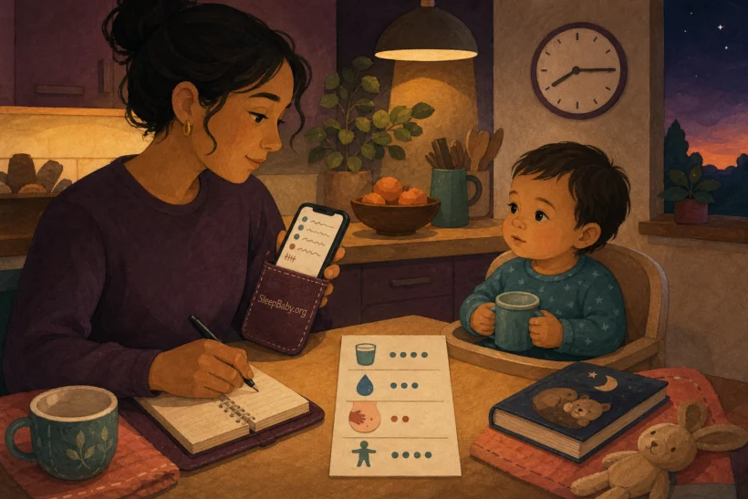 A caregiver records fluids, urine, vomiting episodes, pain, and energy while an awake toddler rests nearby with a small cup.