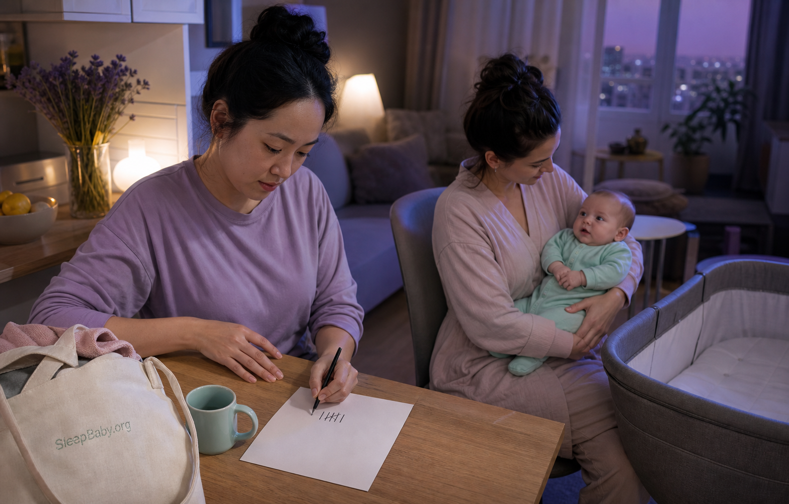 One caregiver marks a simple paper while another holds an awake baby beside an empty bassinet