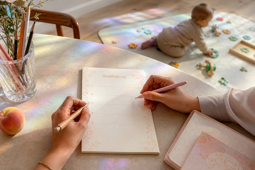 Two caregivers write five bedtime-plan lines while their awake baby plays safely on a floor mat nearby.