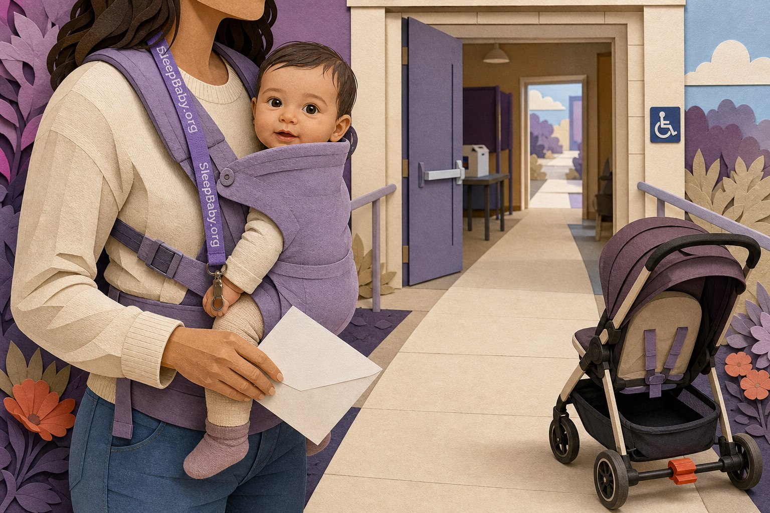 Cut-paper civic entrance shows an awake baby upright in a front carrier on one side and a brake-set harnessed stroller on the other beside a clear accessible route.