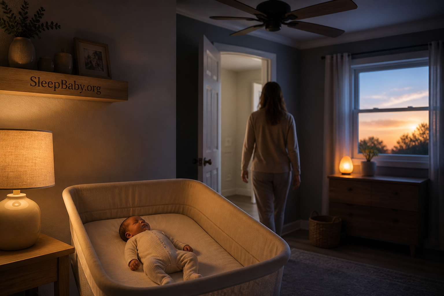 Caregiver leaves the fan switch untouched as dawn reaches a safe empty bassinet