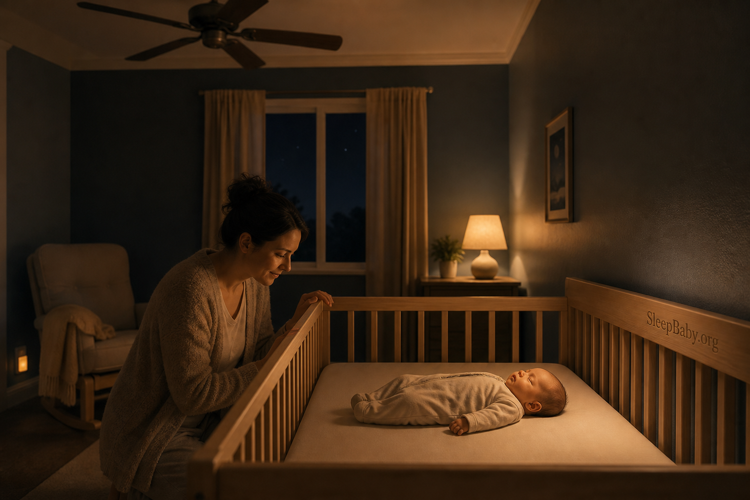 Caregiver checks an empty crib while a ceiling fan remains secondary overhead