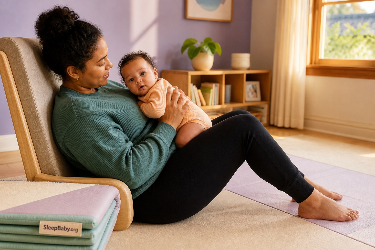 Fully awake caregiver supports an alert baby's torso and clear face during chest-to-chest practice beside folded play mats labeled SleepBaby.org.
