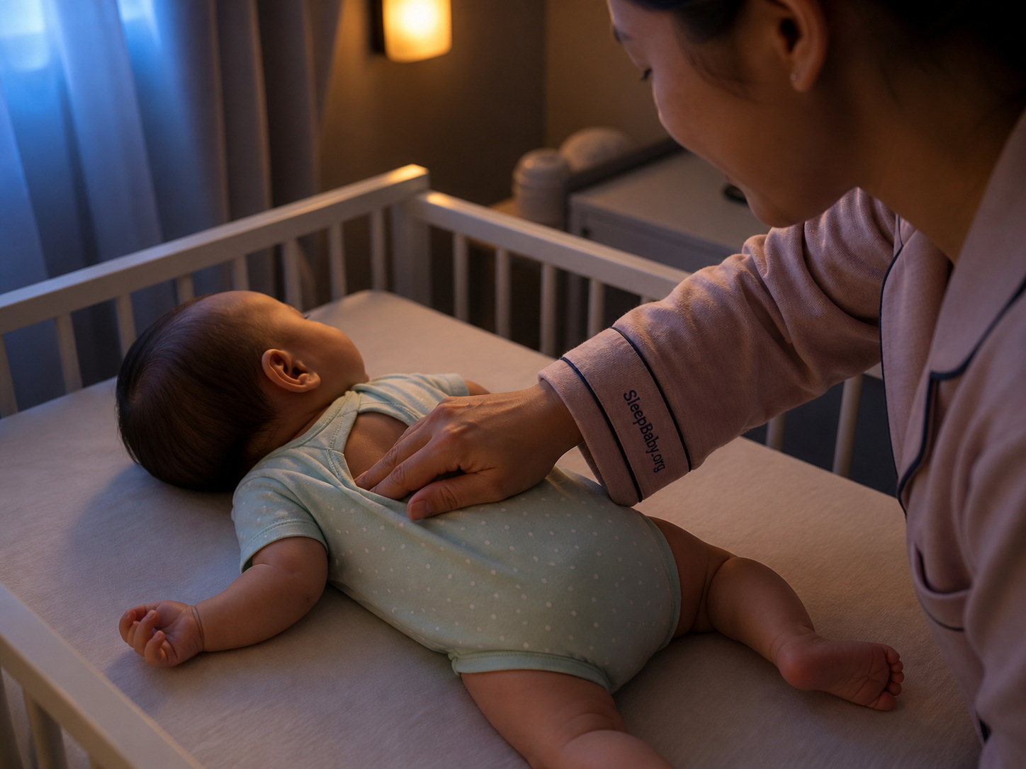 Caregiver checks a baby's upper back through a mint onesie while the baby lies safely on a bare firm crib mattress