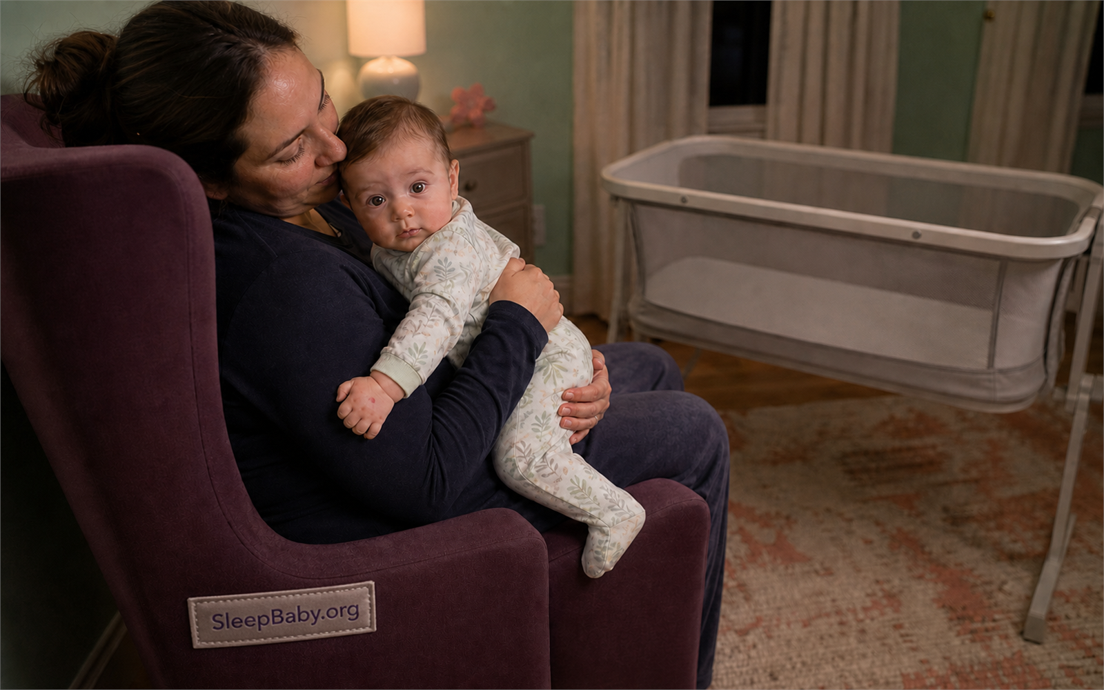 An awake baby makes eye contact in a caregiver's arms beside an empty bassinet during a quiet nighttime skin check.
