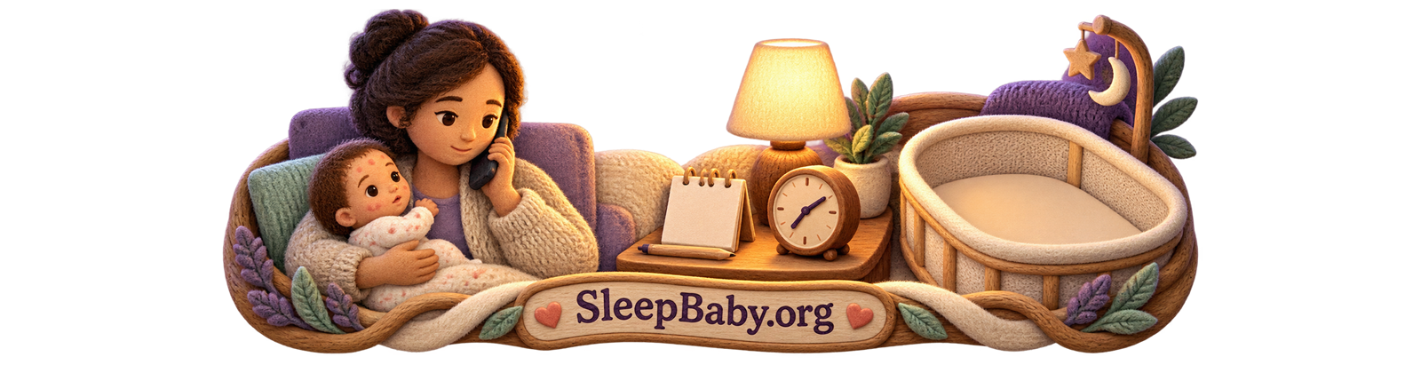 A caregiver holds a responsive spotted baby while phoning beside a blank note card, clock, lamp, and empty bassinet.
