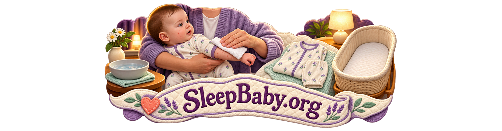 A cool-water bowl stays separate while a caregiver gently pats a baby's spotted arm before light pajamas and an empty bassinet.