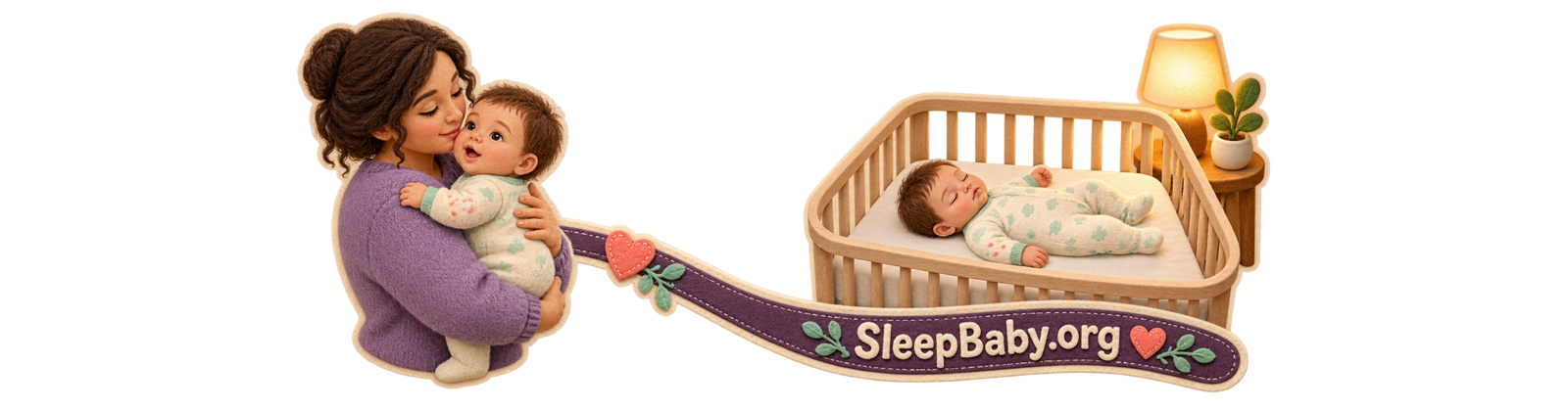 An awake comfort moment leads along a plum rail to a baby sleeping on their back in a firm flat empty bassinet.