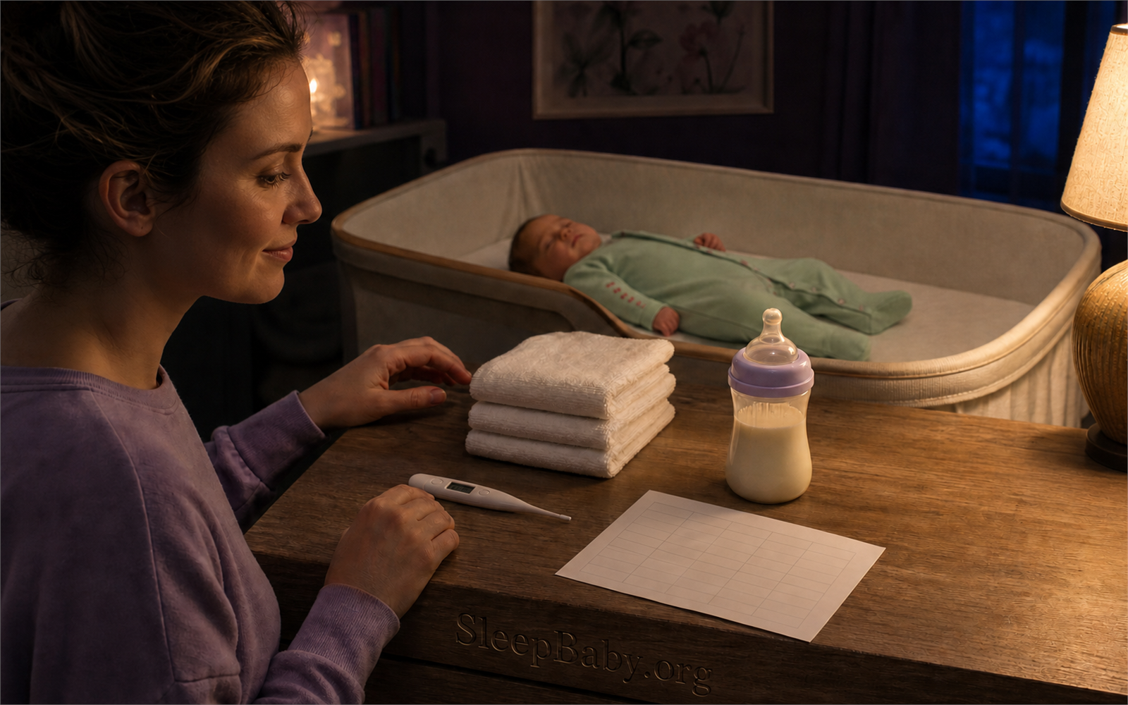A calm caregiver organizes nighttime care tools on a dresser while a spotted-sleeve baby sleeps on their back in an empty bassinet.