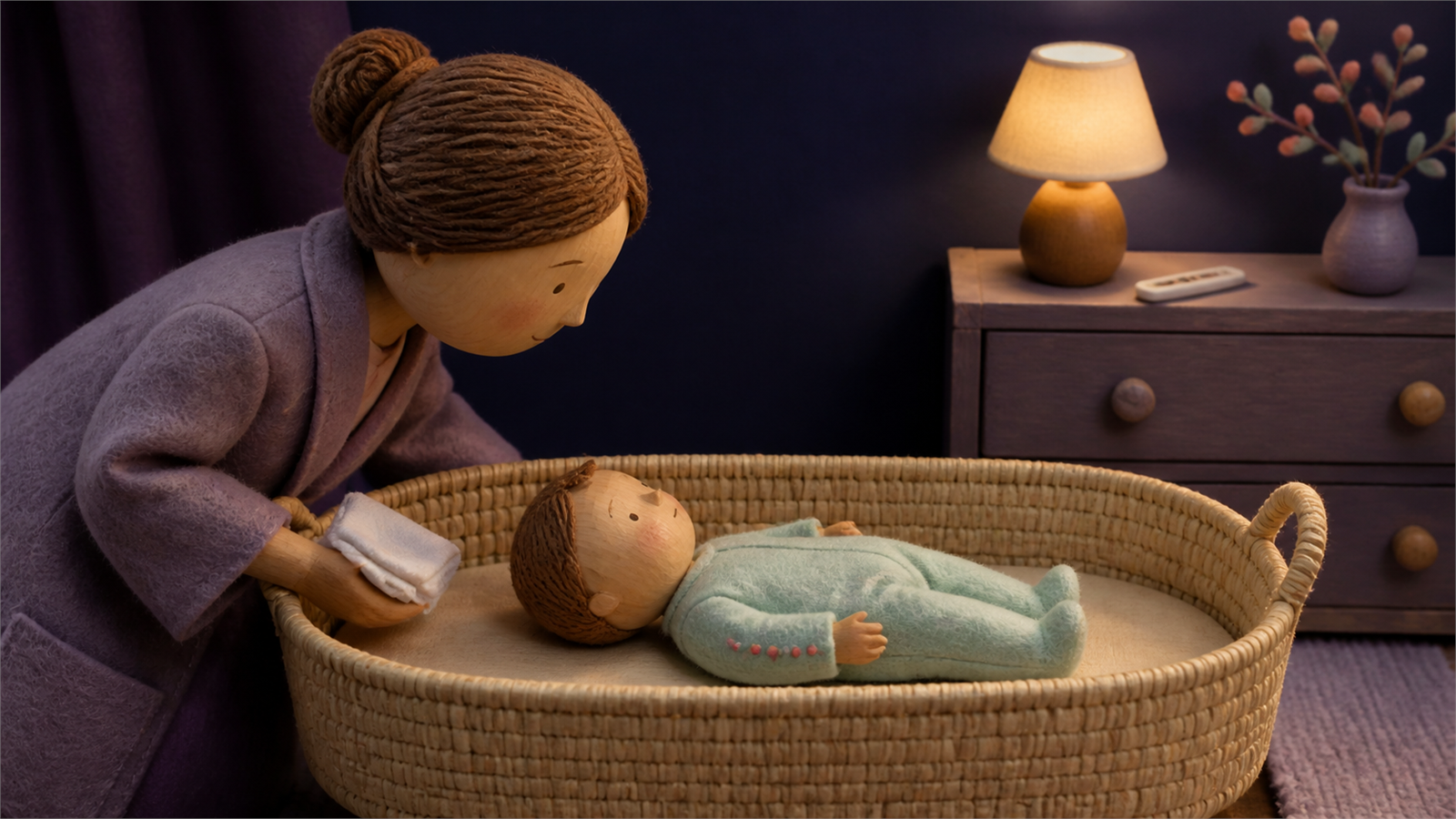 Caregiver checks a baby resting on their back with subtle spots visible, while a thermometer stays on a dresser beyond the empty bassinet.