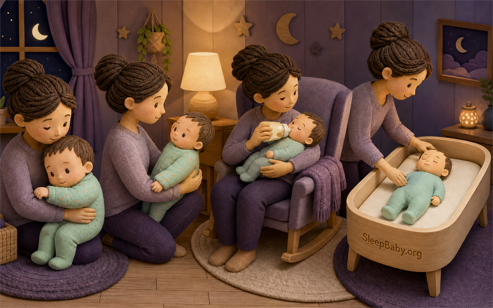 A four-step nursery sequence moves from waking and response checks through comfort to safe back sleep in a bare bassinet.
