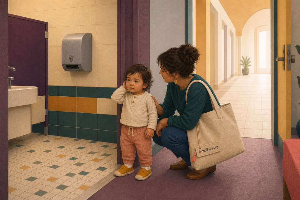 Toddler stands near an open restroom door after the loud hand dryer stops while a caregiver stays close.