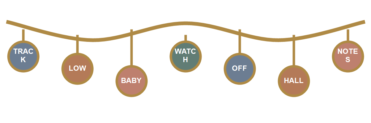 Track, low-volume dial, awake baby, eye, timer, hallway, and notebook charms close the comparison