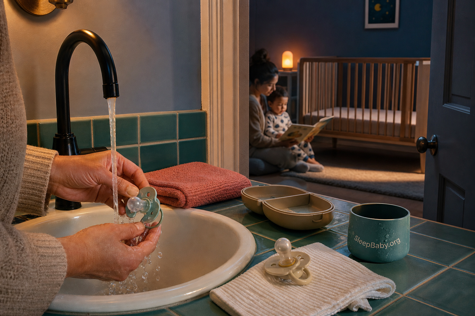 Caregiver washing a used pacifier at a teal sink while a clean spare rests separately near a warm bedtime lamp and bare crib