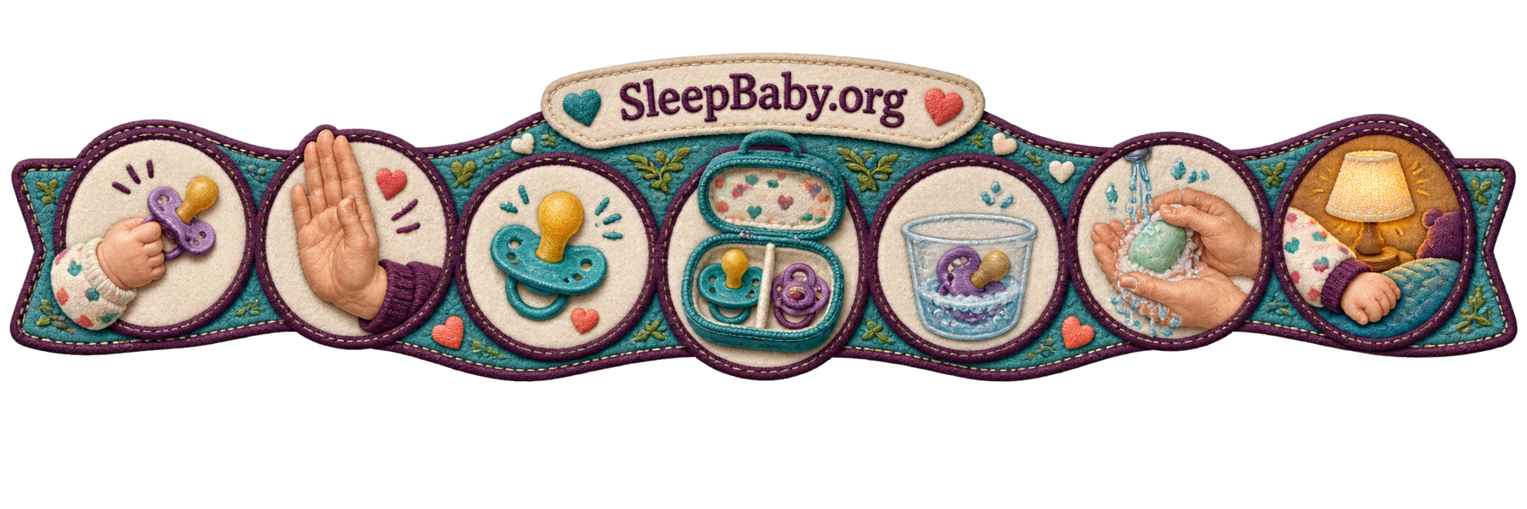 Quilted handoff rail showing a used pacifier, an adult open palm, a clean spare, divided case, used cup, hand washing, and a glowing bedtime lamp