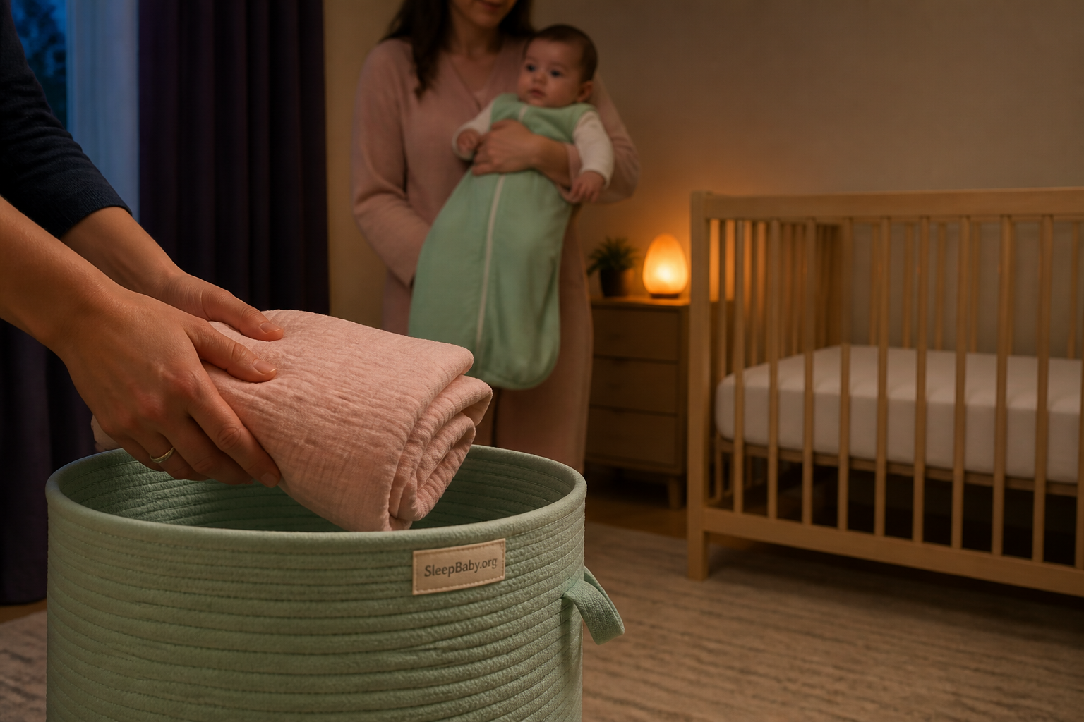 A caregiver stores a folded blanket in a mint basket away from a bare crib while an awake baby is safely supported