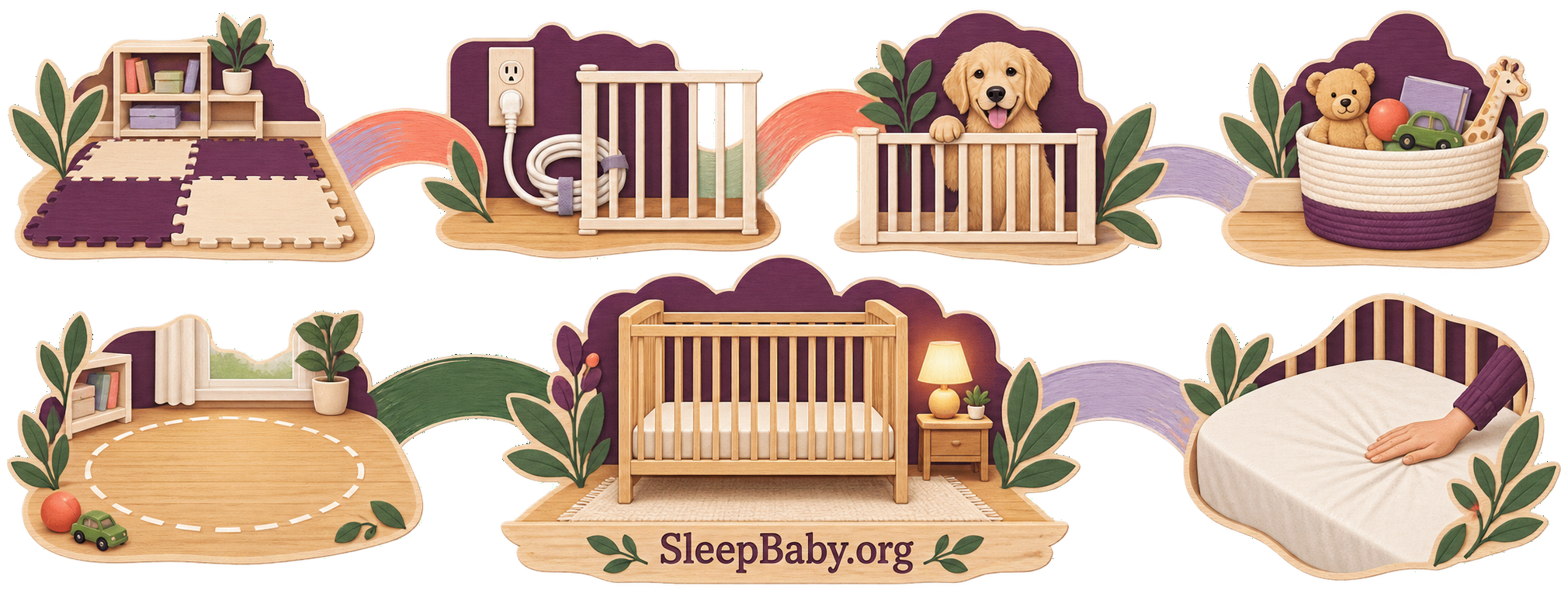Paper-and-wood rail showing a clear play zone, gated cord and pet, stored toys, bare crib and fitted sheet