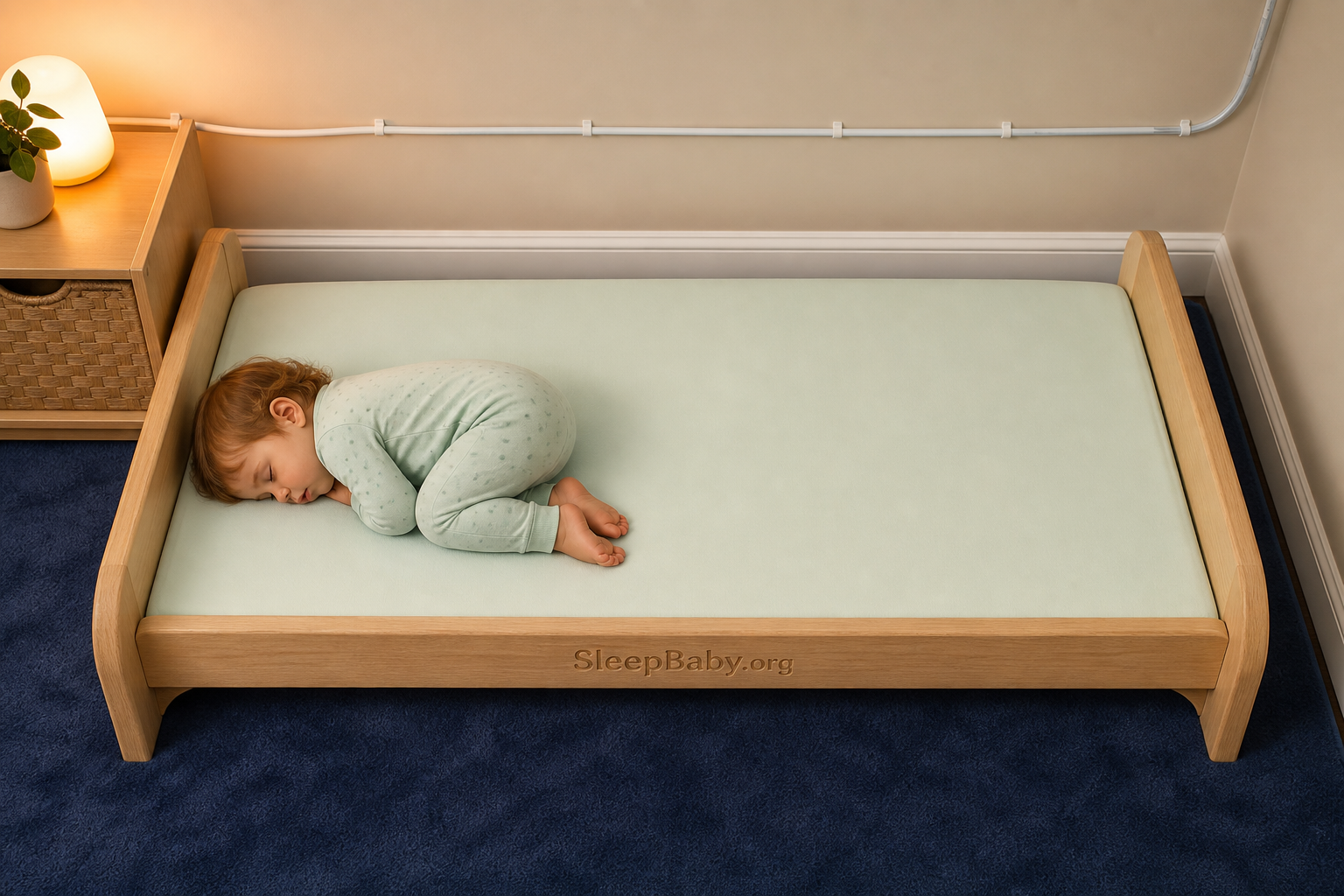 Overhead view of a folded sleeping toddler on a clear low bed with a secured wall cord kept out of reach