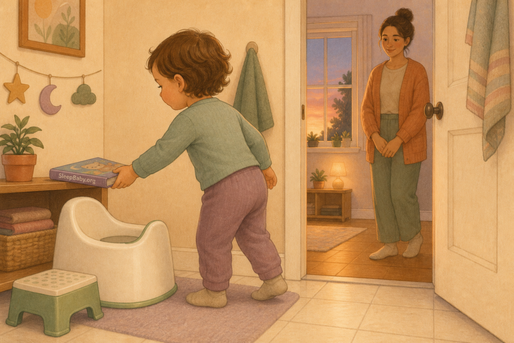 A clothed toddler places a short picture book beside a child-sized potty while a caregiver waits outside the open bathroom doorway with relaxed hands.
