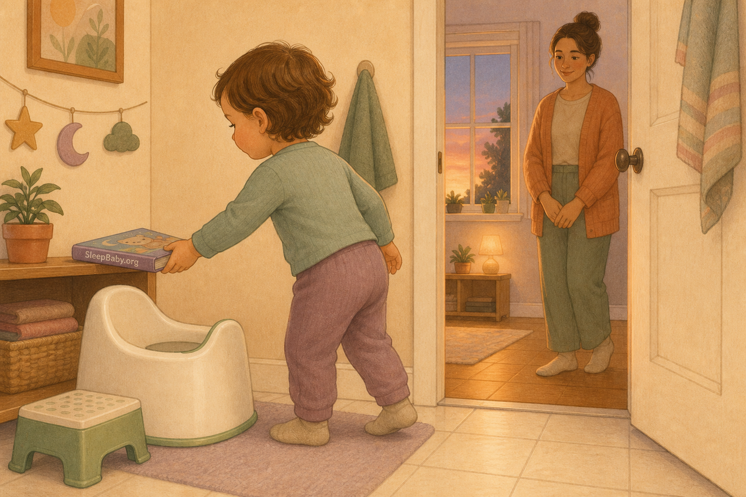 A clothed toddler places a short picture book beside a child-sized potty while a caregiver waits outside the open bathroom doorway with relaxed hands.