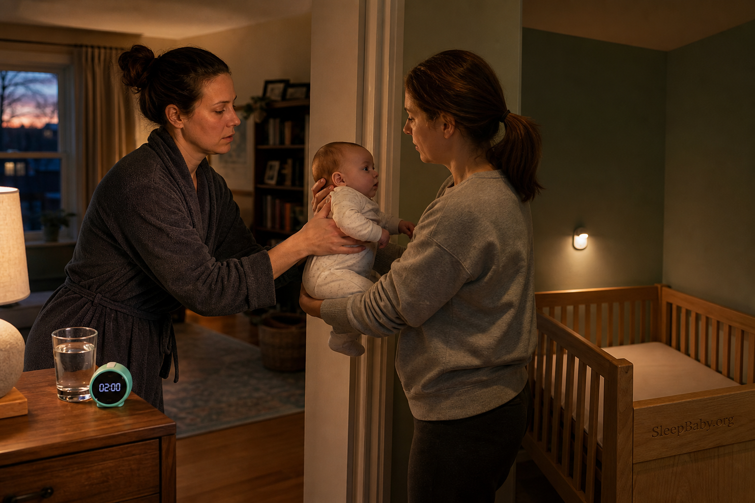 Two awake caregivers complete a supported infant handoff beside a glass of water, shift timer, and empty SleepBaby.org crib in pre-dawn light.