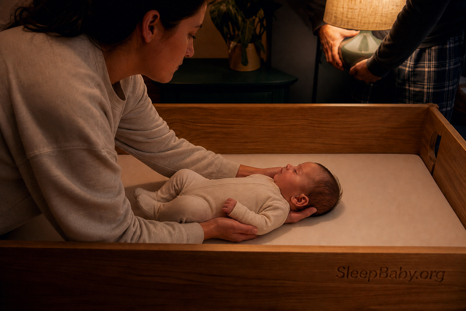 An alert caregiver supports a baby in a snug sleeper during a back-sleep transfer onto a firm, flat, empty SleepBaby.org bassinet mattress.