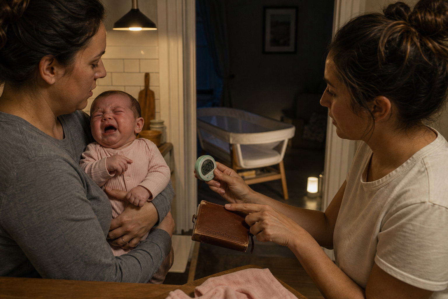 Two caregivers review a timer and feeding note while one securely holds a crying baby beside an empty bassinet under warm night light.