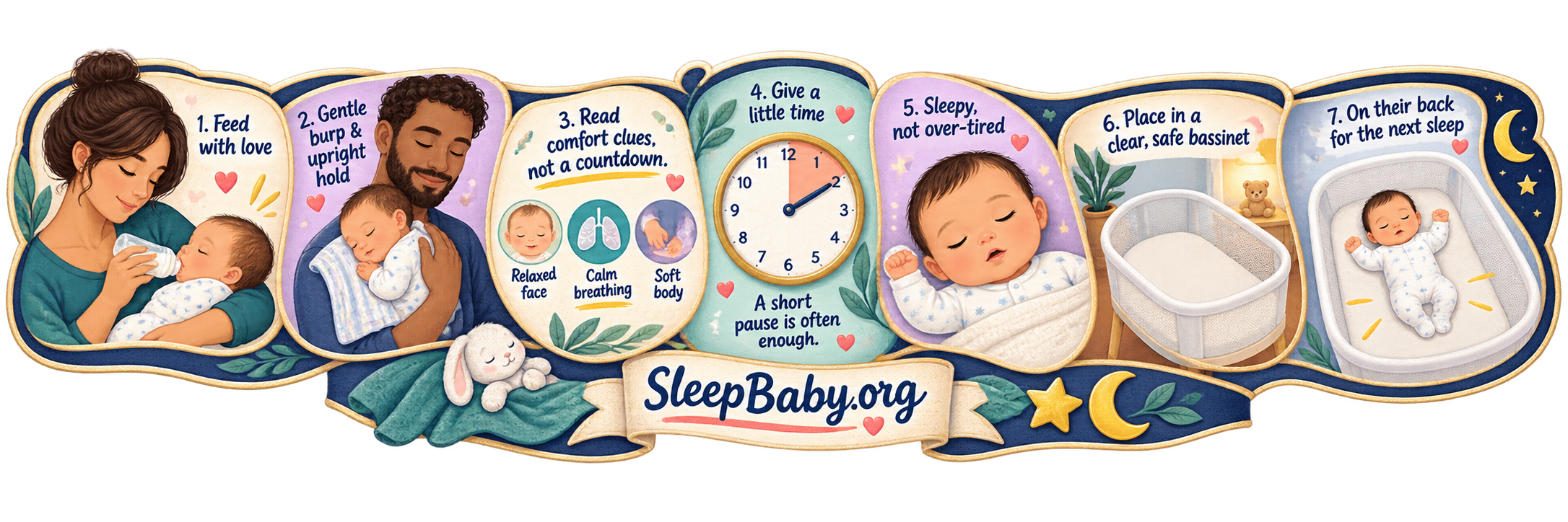 SleepBaby rail showing feeding, upright settling, relaxed breathing, a brief pause, a clear bassinet, and on-back rest