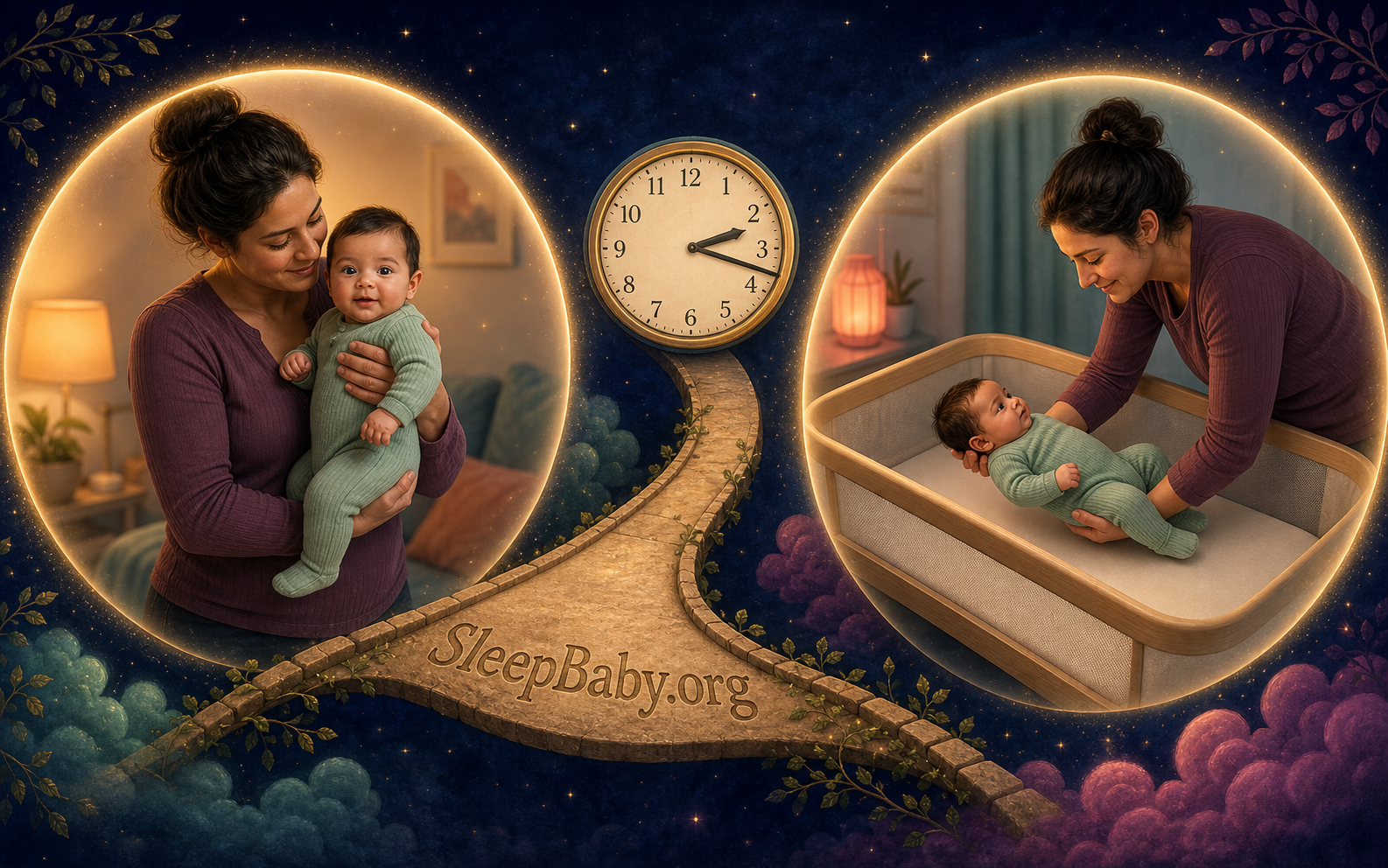 Two glowing SleepBaby night worlds connect an upright post-feed cuddle to a visible on-back bassinet transfer