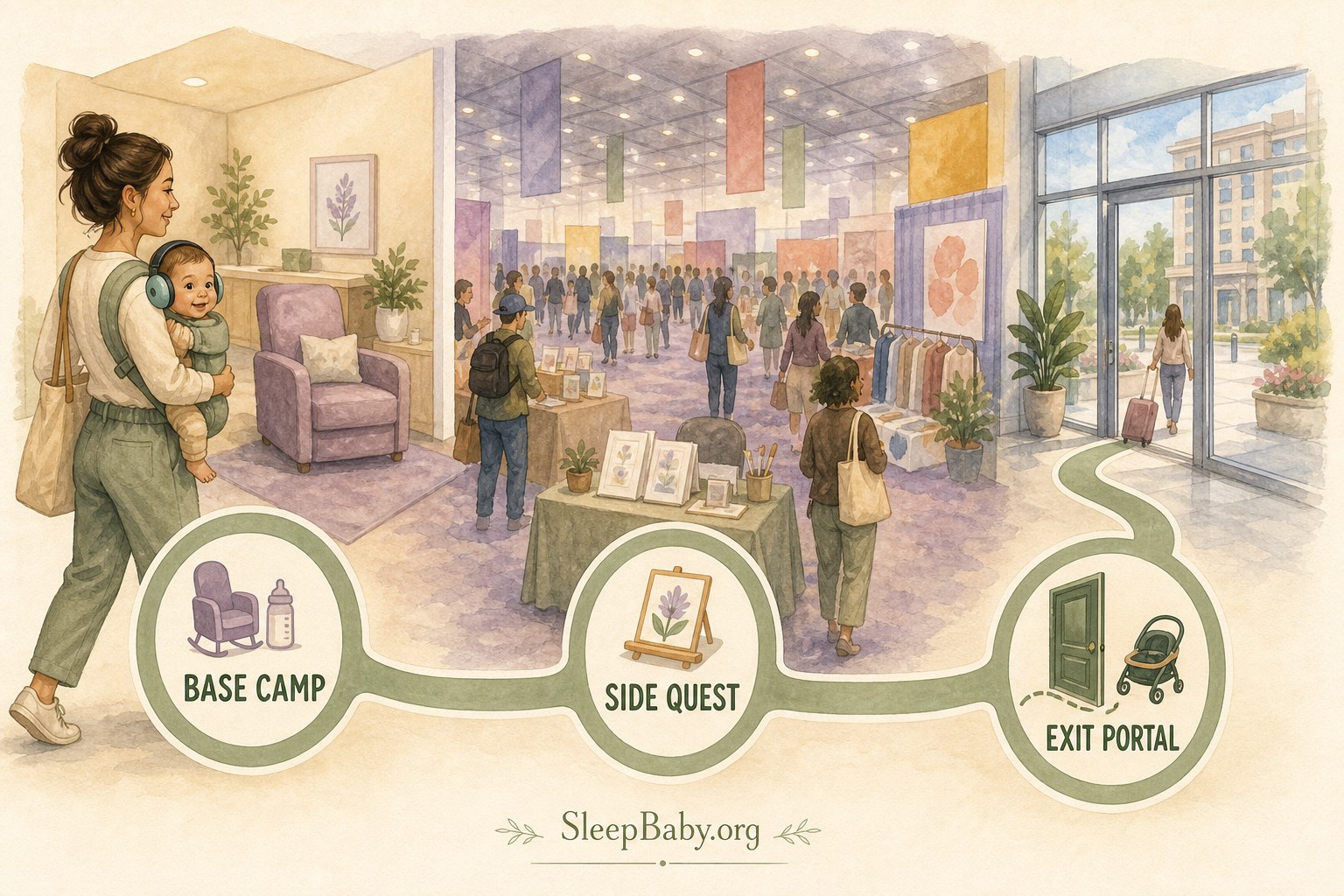 Illustrated convention map follows an outer-edge path from a quiet Base Camp to one Side Quest and a clear Exit Portal.
