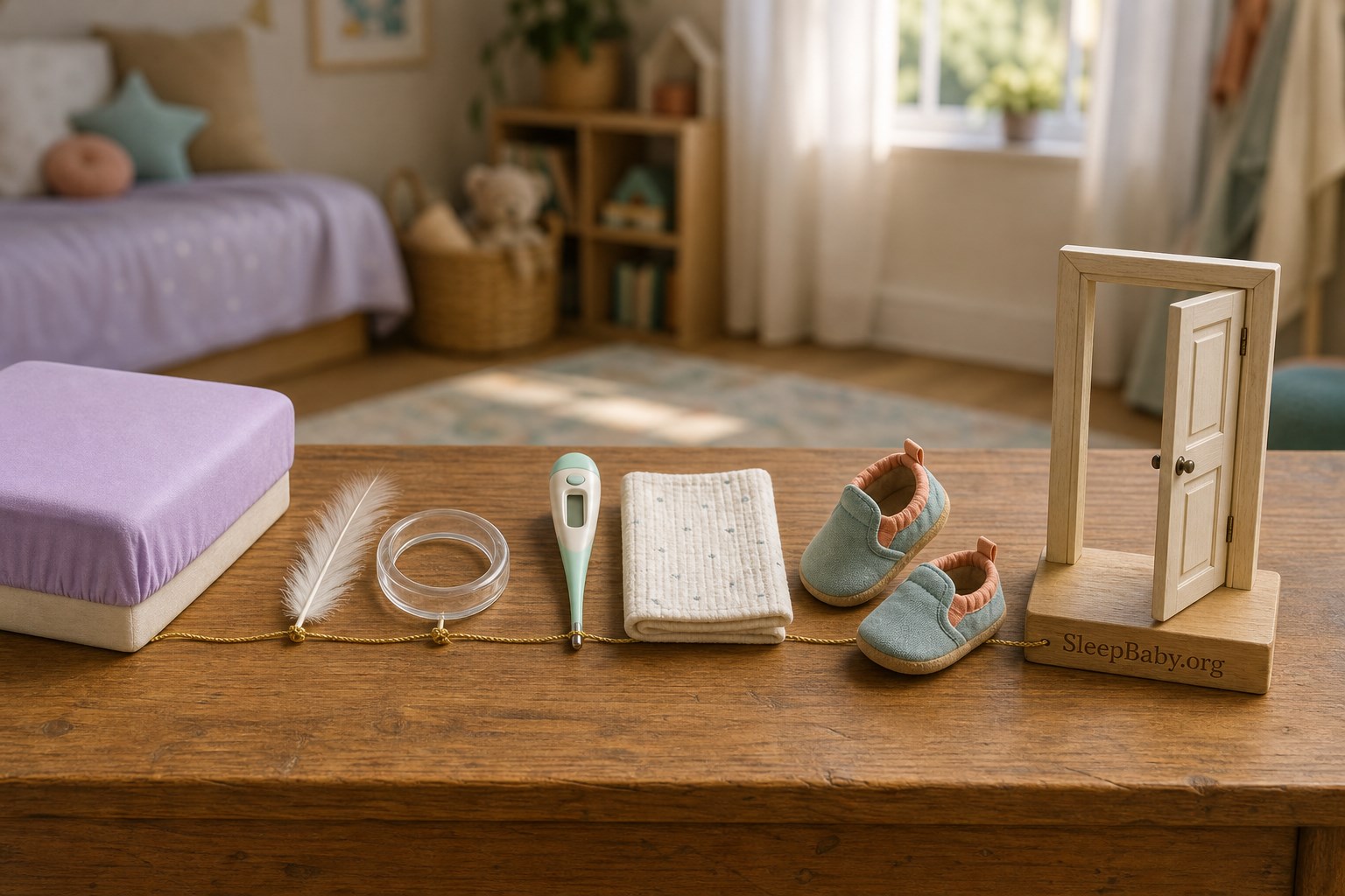 A miniature mattress corner, feather and breathing ring, thermometer and cotton, toddler slippers, and open door form an awake fit-and-exit sequence.