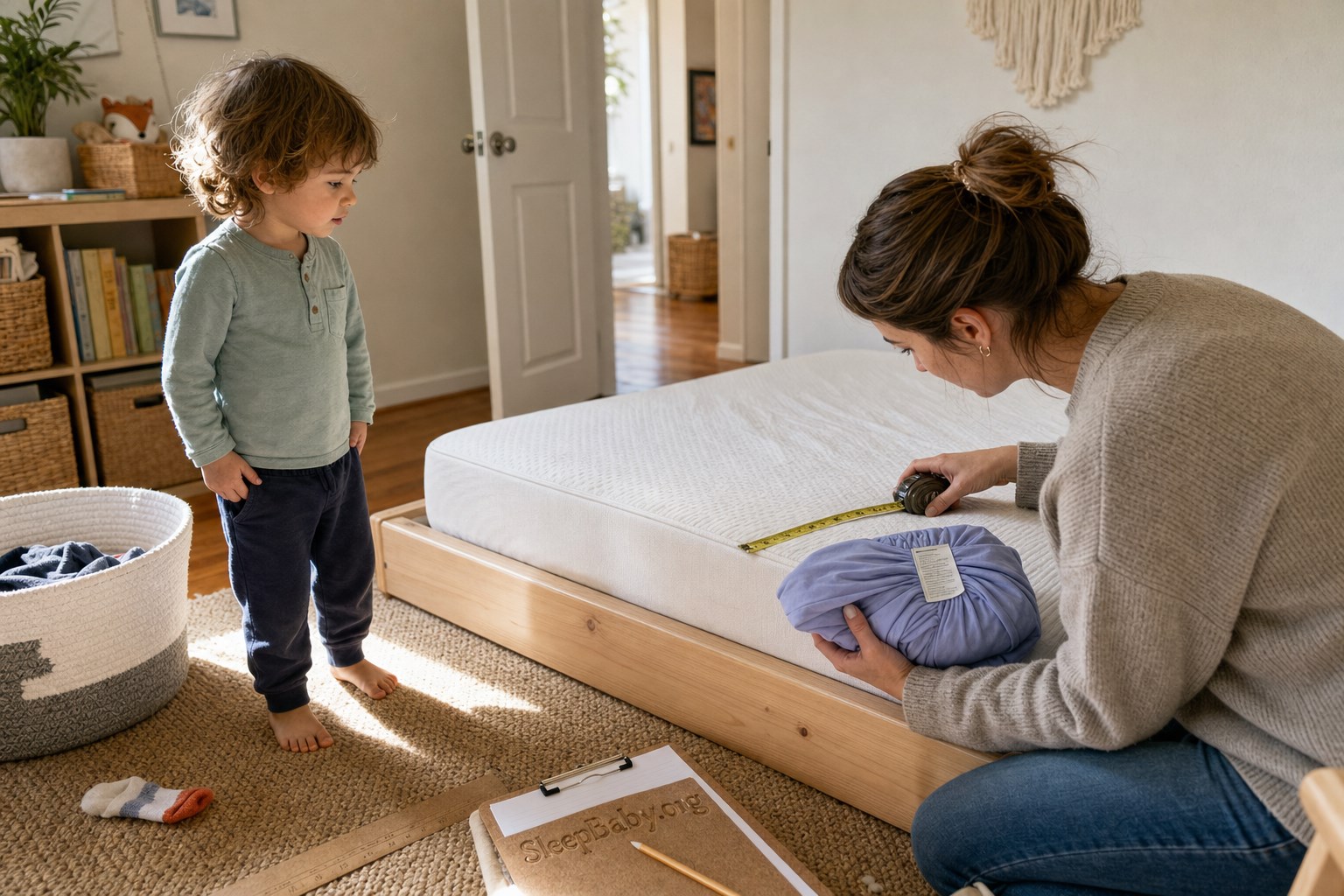A parent measures an empty low-bed mattress while an awake toddler watches beside folded lavender compression fabric.