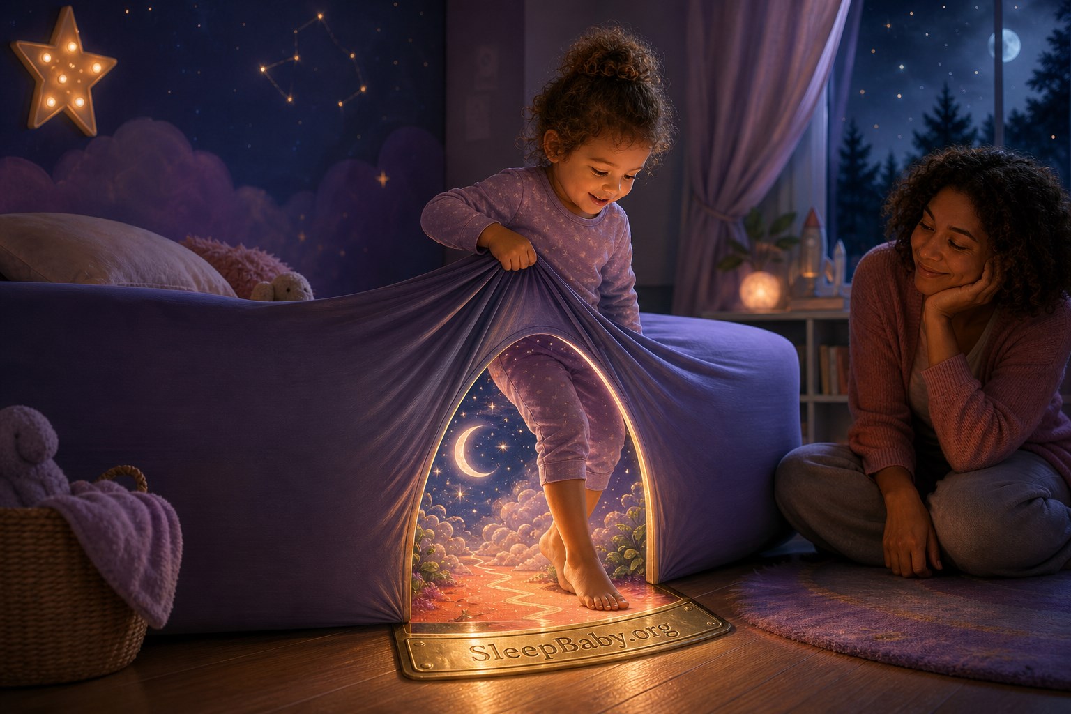 An awake toddler independently lifts a stretchy sheet and steps through a moonlit doorway shape while a parent watches hands-off.