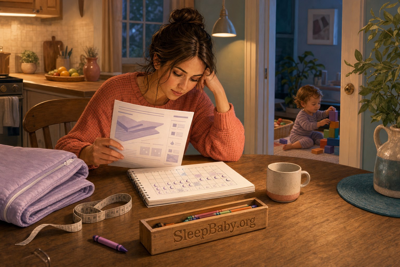 A parent compares compression-sheet instructions with a moon-marked sleep log while a toddler plays nearby.