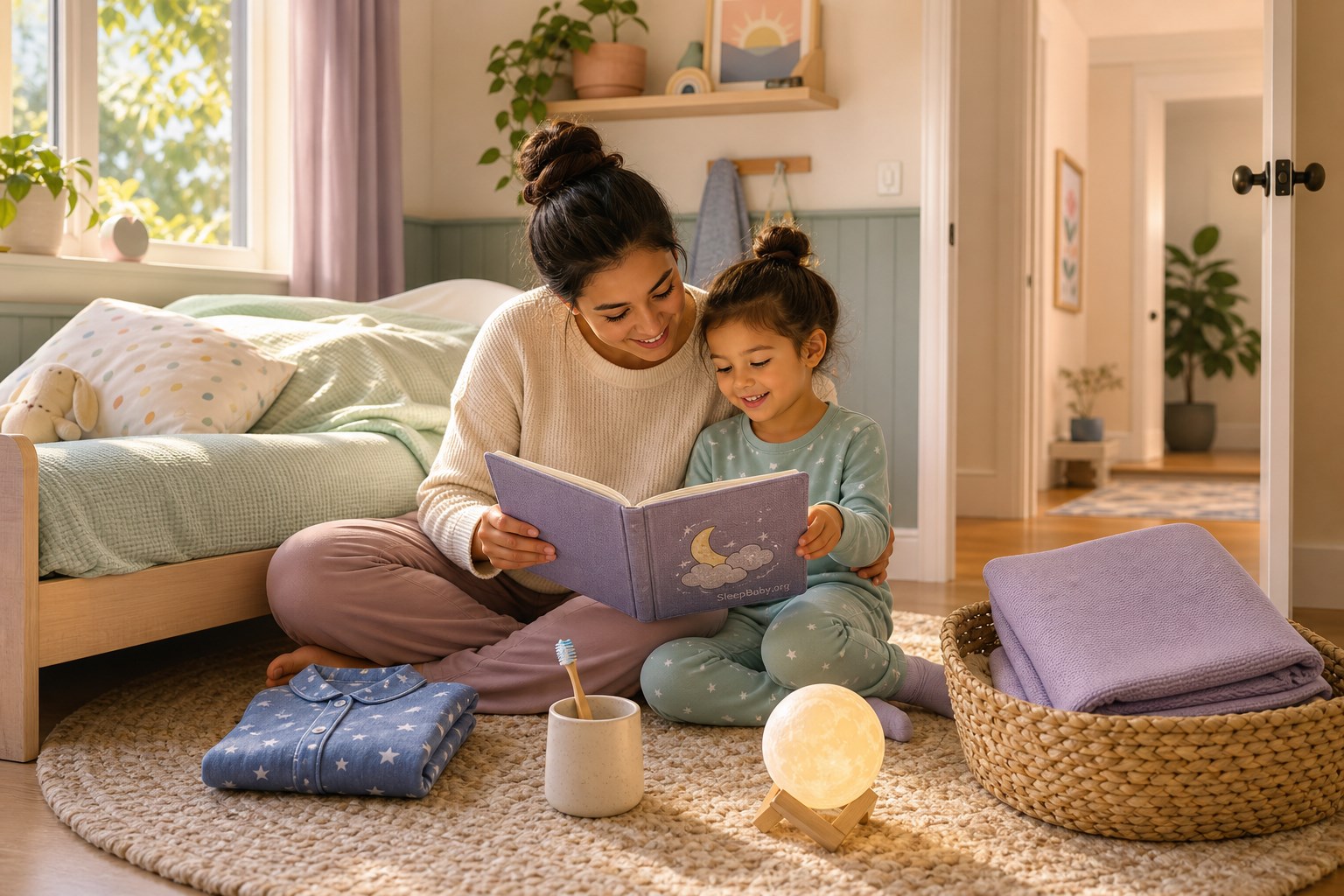 A parent and awake toddler read together beside pajamas, a toothbrush cup, a moon lamp, and a folded compression sheet in a basket.